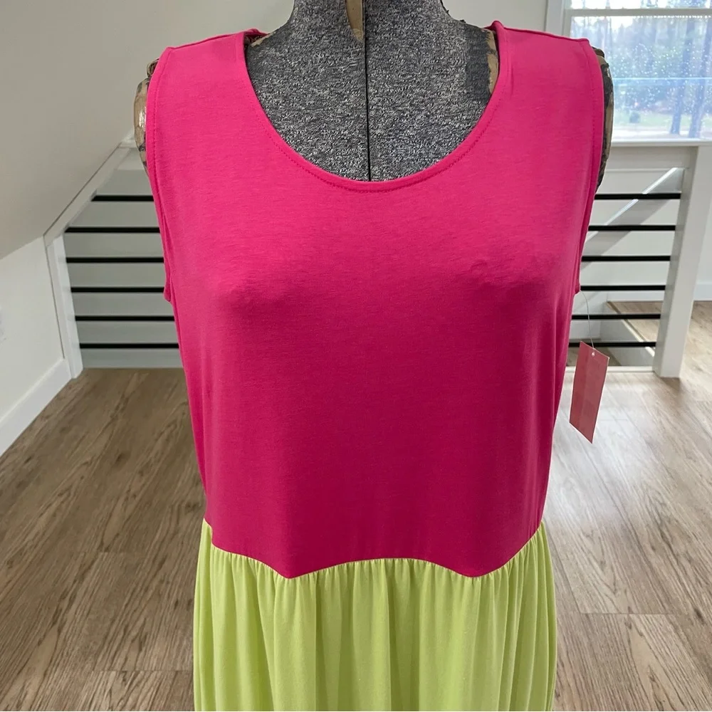 NWT SP, L Lands’ End, pink and blue color block sleeveless stretchy maxi dress - Picture 2 of 6